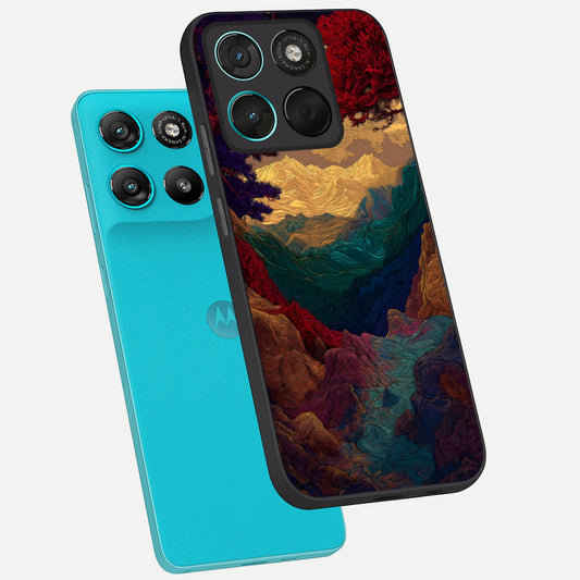 Mystic Valley Light phone case For Moto G57 Power showing premium glass back cover with detailed artwork