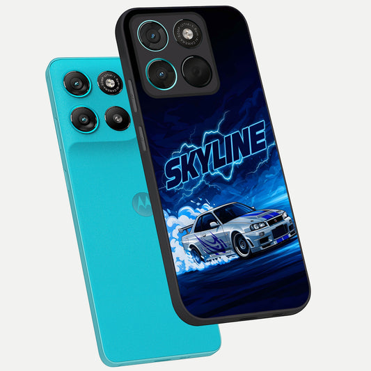 Neon Drift Beast phone case For Moto G57 Power showing premium glass back cover with detailed artwork