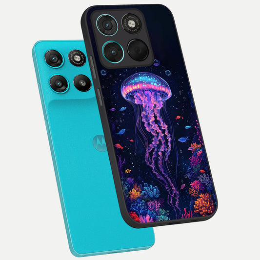 Neon Jellyfish phone case For Moto G57 Power showing premium glass back cover with detailed artwork