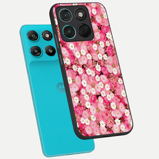 Pink Daisy Bliss phone case For Moto G57 Power showing premium glass back cover with detailed artwork