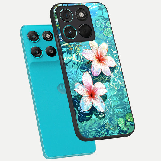 Pink Flowers in Water phone case For Moto G57 Power showing premium glass back cover with detailed artwork