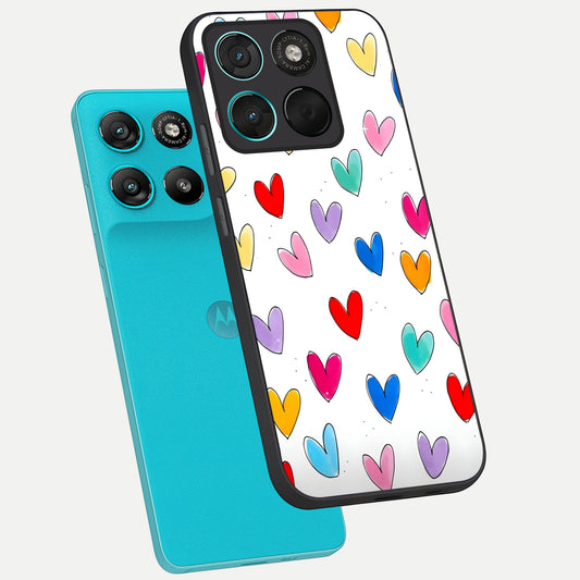 Playful Love Doodles phone case For Moto G57 Power showing premium glass back cover with detailed artwork