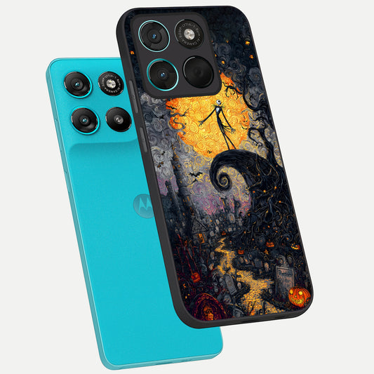 Pumpkin Moon Night phone case For Moto G57 Power showing premium glass back cover with detailed artwork