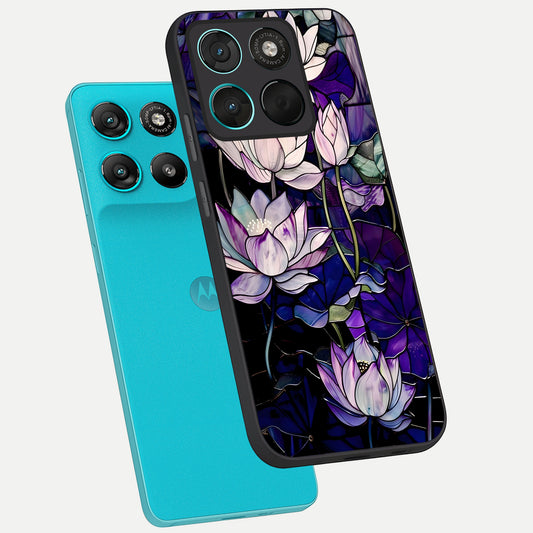 Purple Lotus Pattern phone case For Moto G57 Power showing premium glass back cover with detailed artwork