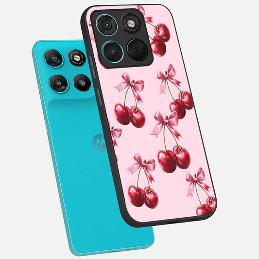 Red Cherries Pattern phone case For Moto G57 Power showing premium glass back cover with detailed artwork