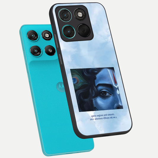 Spiritual Krishna phone case For Moto G57 Power showing premium glass back cover with detailed artwork