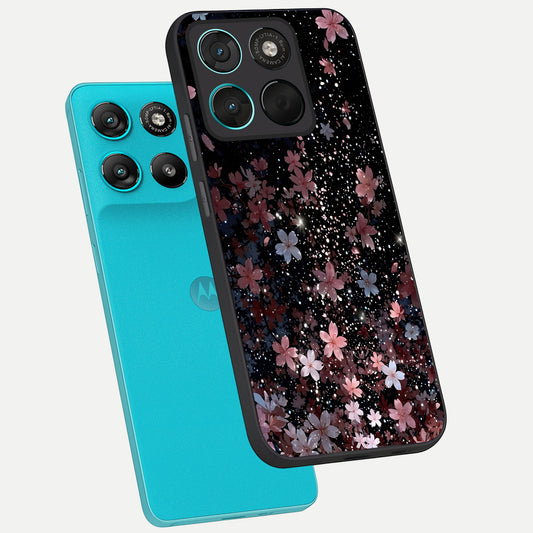 Starlit Flower Dreams phone case For Moto G57 Power showing premium glass back cover with detailed artwork
