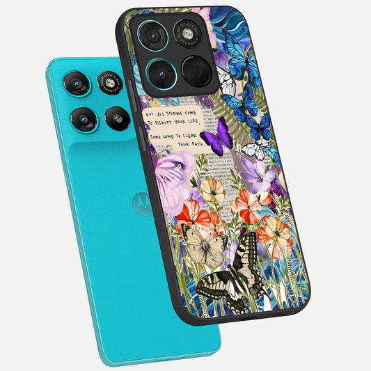Storm Path Bloom phone case For Moto G57 Power showing premium glass back cover with detailed artwork