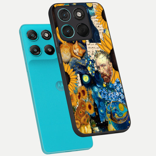 Sunflower Chic Mood Custom Name phone case For Moto G57 Power showing premium glass back cover with detailed artwork