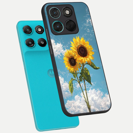 Sunlit Daisy Glow phone case For Moto G57 Power showing premium glass back cover with detailed artwork