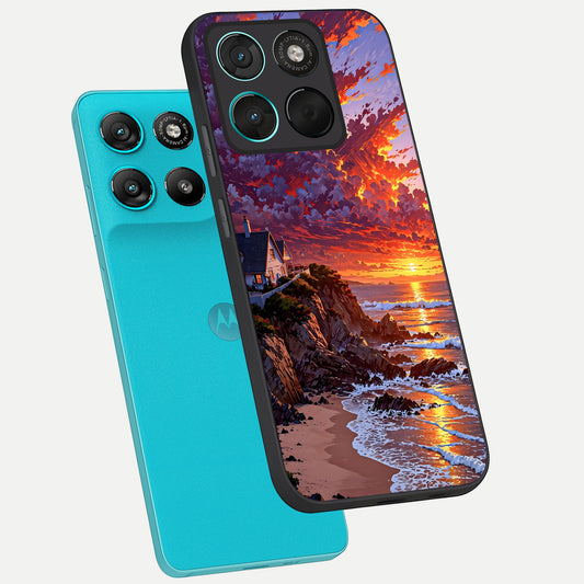 Sunset House By Sea phone case For Moto G57 Power showing premium glass back cover with detailed artwork