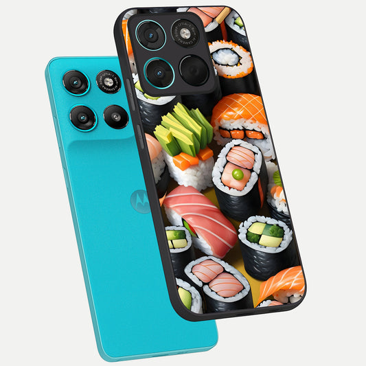 Sushi Food Pattern phone case For Moto G57 Power showing premium glass back cover with detailed artwork