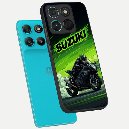 Suzuki Speed Beast phone case For Moto G57 Power showing premium glass back cover with detailed artwork