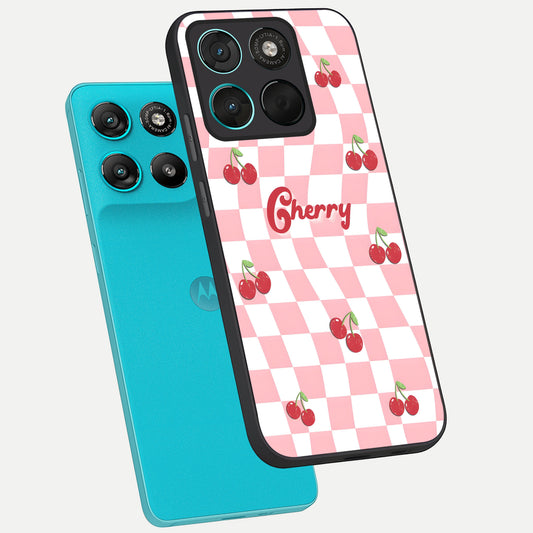 Sweet Cherry Vibes phone case For Moto G57 Power showing premium glass back cover with detailed artwork