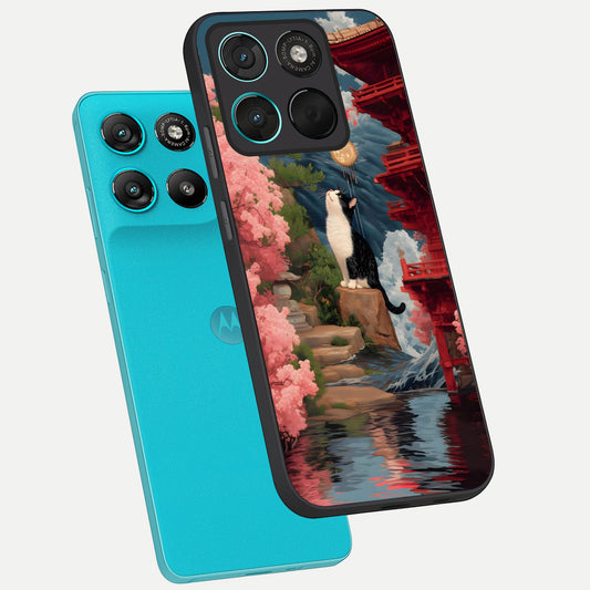 Temple Cat Scenery phone case For Moto G57 Power showing premium glass back cover with detailed artwork