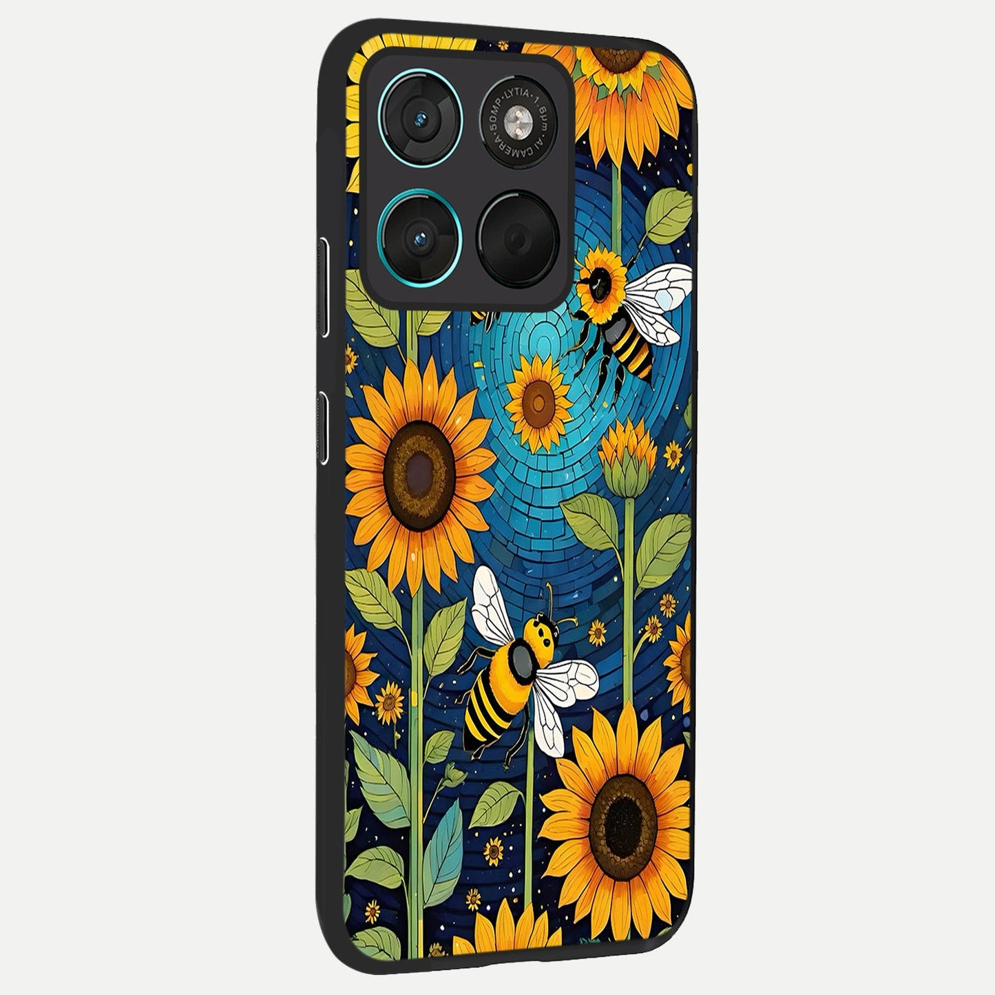 Bees And Sunflowers back cover For Moto G57 Power slim fit glass case with vibrant aesthetic design