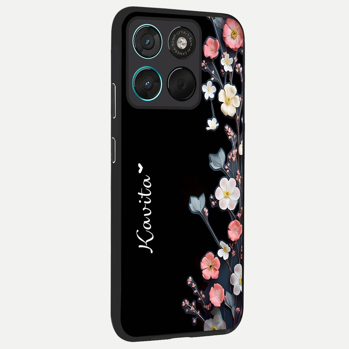 Black Elegance Floral Custom Name back cover For Moto G57 Power slim fit glass case with vibrant aesthetic design