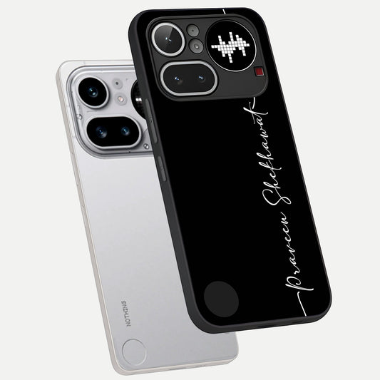 Black Tune Custom Name phone case For Nothing Phone 4A Pro showing premium glass back cover with detailed artwork