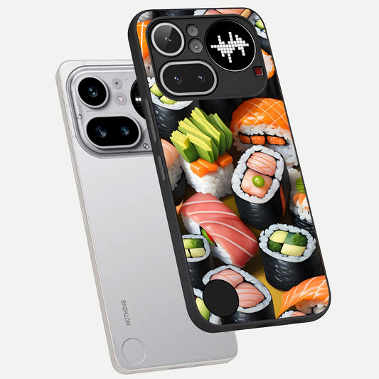 Sushi Food Pattern phone case For Nothing Phone 4A Pro showing premium glass back cover with detailed artwork