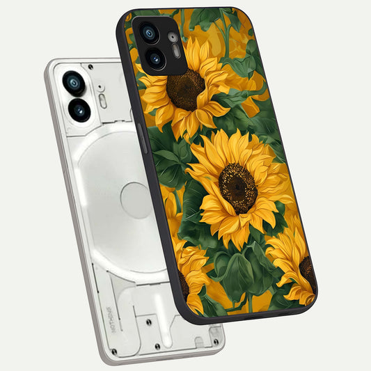 Bright Sunflower Bloom phone case For Nothing Phone 2 showing premium glass back cover with detailed artwork