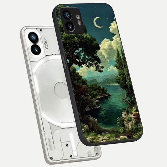 Celestial Lake Peace phone case For Nothing Phone 2 showing premium glass back cover with detailed artwork