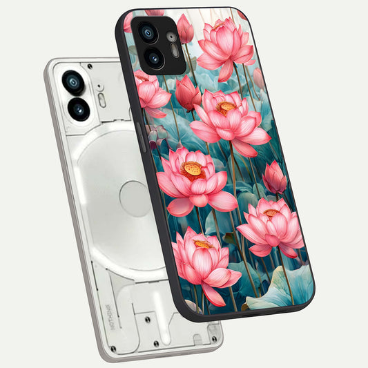 Celestial Pink Lotus phone case For Nothing Phone 2 showing premium glass back cover with detailed artwork