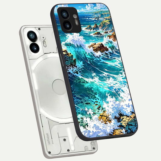 Coastal Blue Waves phone case For Nothing Phone 2 showing premium glass back cover with detailed artwork