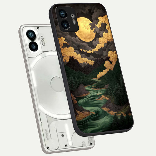 Golden River Moon phone case For Nothing Phone 2 showing premium glass back cover with detailed artwork