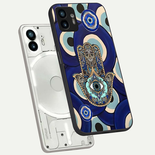 Hamsa Divine Guard phone case For Nothing Phone 2 showing premium glass back cover with detailed artwork
