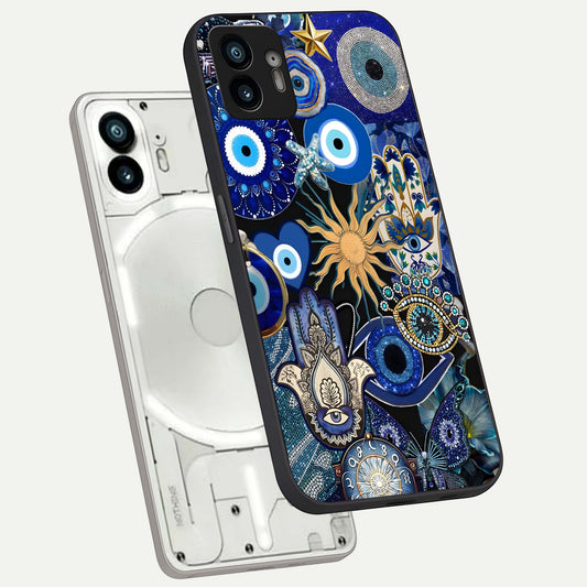 Mystic Blue Evil Eye phone case For Nothing Phone 2 showing premium glass back cover with detailed artwork