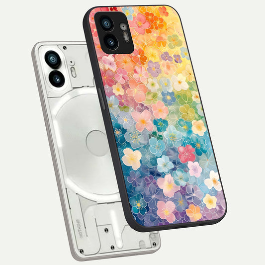 Rainbow Blossom Burst phone case For Nothing Phone 2 showing premium glass back cover with detailed artwork