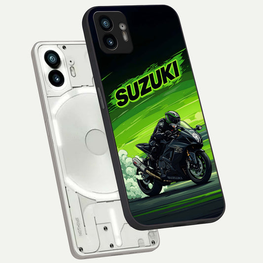 Suzuki Speed Beast phone case For Nothing Phone 2 showing premium glass back cover with detailed artwork