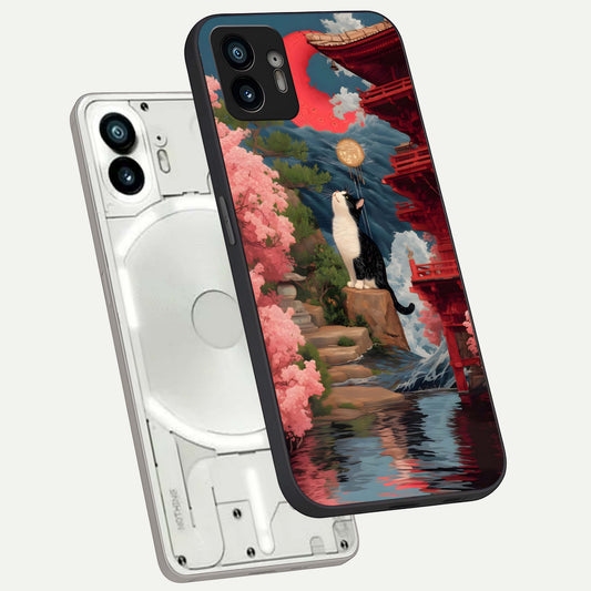 Temple Cat Scenery phone case For Nothing Phone 2 showing premium glass back cover with detailed artwork