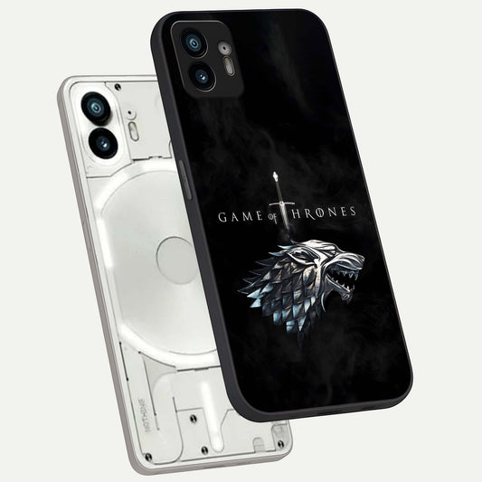 Throne Wolf Legacy phone case For Nothing Phone 2 showing premium glass back cover with detailed artwork