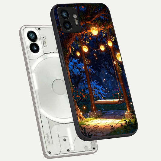 Twilight Garden Swing phone case For Nothing Phone 2 showing premium glass back cover with detailed artwork