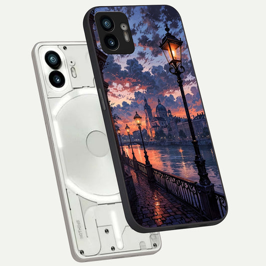 Twilight River Lights phone case For Nothing Phone 2 showing premium glass back cover with detailed artwork