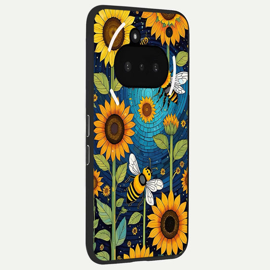 Bees And Sunflowers phone case For Nothing Phone 3A showing premium glass back cover with detailed artwork