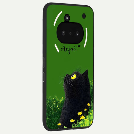 Emerald Cat Custom Name phone case For Nothing Phone 3A showing premium glass back cover with detailed artwork