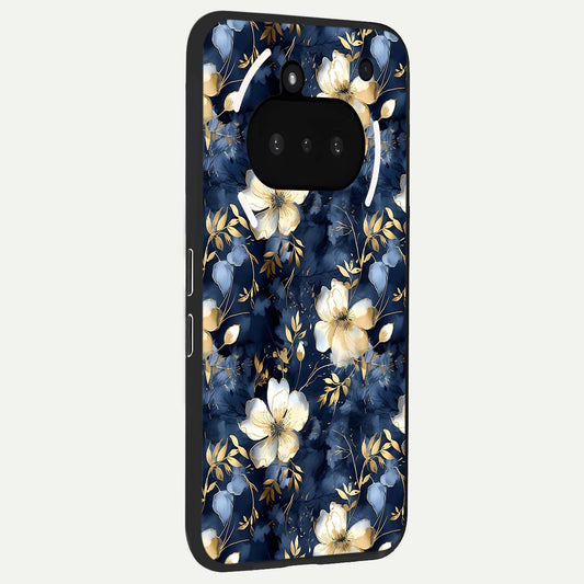 Golden Midnight Bloom phone case For Nothing Phone 3A showing premium glass back cover with detailed artwork