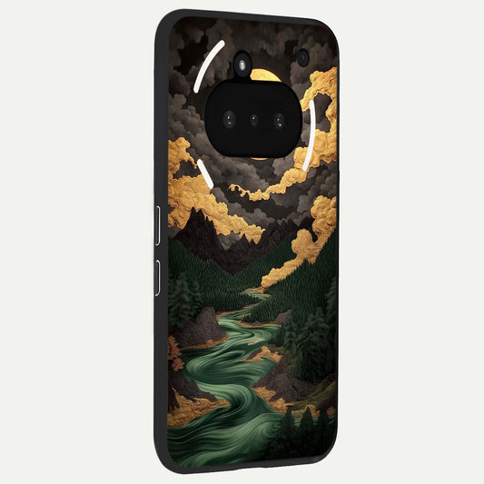 Golden River Moon phone case For Nothing Phone 3A showing premium glass back cover with detailed artwork