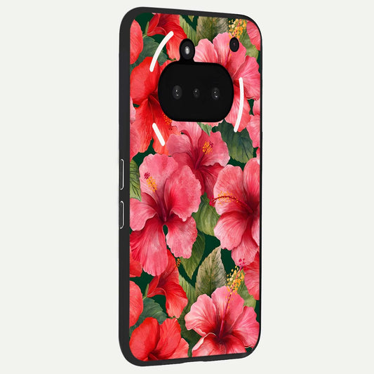 Hibiscus Pattern phone case For Nothing Phone 3A showing premium glass back cover with detailed artwork