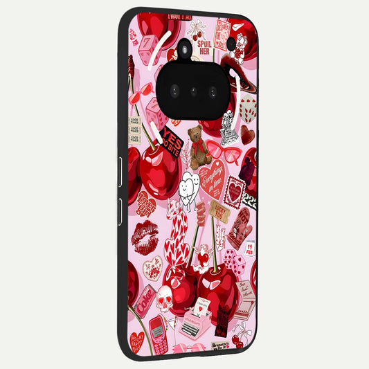 Sweet Cherry Chaos phone case For Nothing Phone 3A showing premium glass back cover with detailed artwork