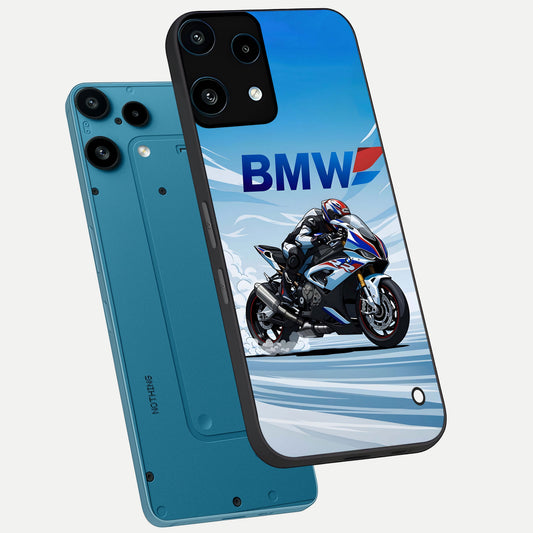 BMW Power Drift phone case For Nothing Phone 3A Lite showing premium glass back cover with detailed artwork