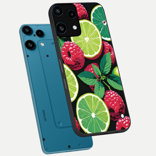 Lime and Raspberry Pattern phone case For Nothing Phone 3A Lite showing premium glass back cover with detailed artwork