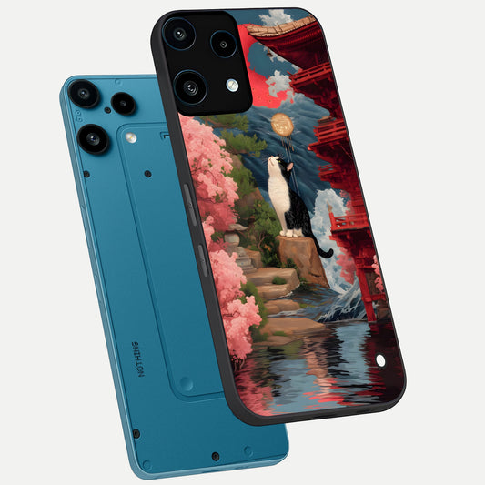 Temple Cat Scenery phone case For Nothing Phone 3A Lite showing premium glass back cover with detailed artwork