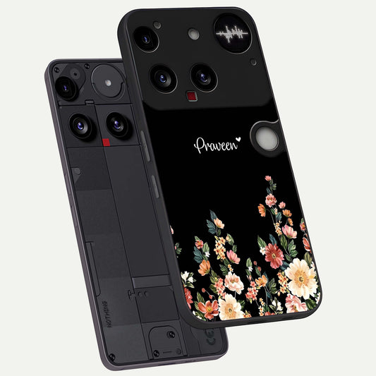 Floral Design Personalized Custom Name phone case For Nothing Phone 3 showing premium glass back cover with detailed artwork