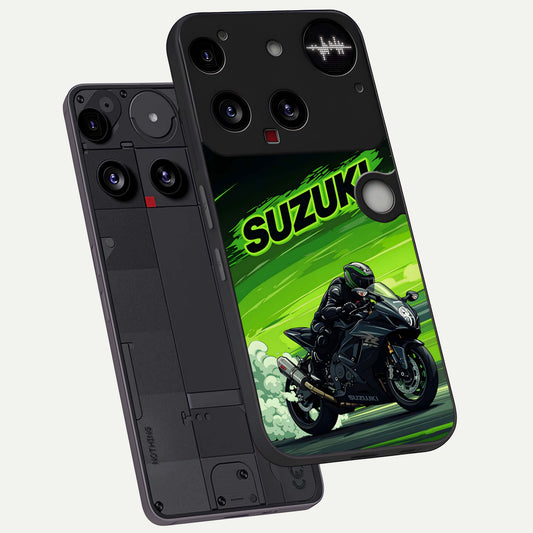 Suzuki Speed Beast phone case For Nothing Phone 3 showing premium glass back cover with detailed artwork
