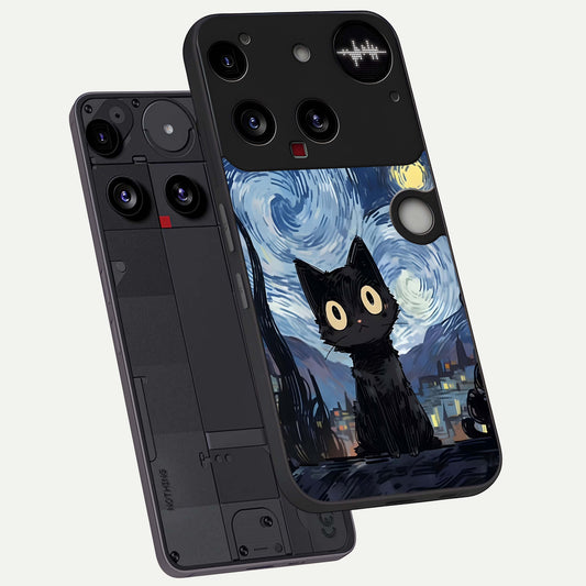 Van Gogh Cat phone case For Nothing Phone 3 showing premium glass back cover with detailed artwork