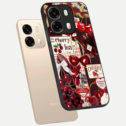 Aesthetic Cherry Tea phone case For Oppo A6 showing premium glass back cover with detailed artwork