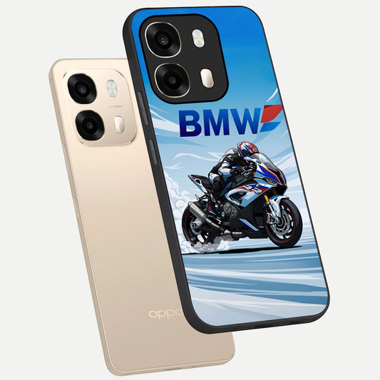 BMW Power Drift phone case For Oppo A6 showing premium glass back cover with detailed artwork
